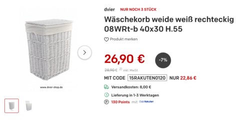 dvier Wäschekorb aus Weide 40x30x55cm, weiß dvier Wäschekorb aus Weide 40x30x55cm, weiß