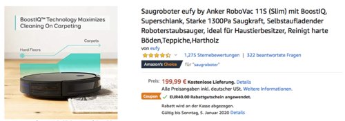 eufy by Anker RoboVac 11S (Slim) Saugroboter mit BoostIQ, schwarz - jetzt 20% billiger