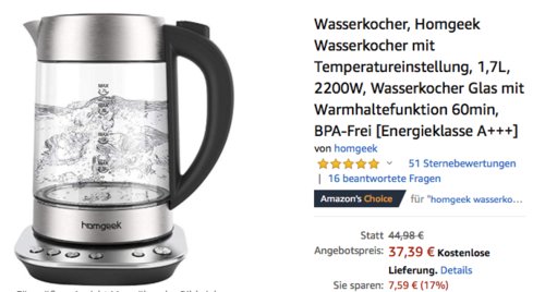Homgeek Edelstahl-Glas Wasserkocher mit Temperatureinstellung (1,7L, 2200W, Warmhaltefunktion, LED) Homgeek Edelstahl-Glas Wasserkocher mit Temperatureinstellung (1,7L, 2200W, Warmhaltefunktion, LED)