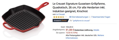 Le Creuset Signature Quadratische 26 cm Gusseisen-Grillpfanne, kirschrot - jetzt 13% billiger Le Creuset Signature Quadratische 26 cm Gusseisen-Grillpfanne, kirschrot - jetzt 13% billiger