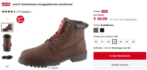 Levi's® Herren Schnürboots mit gepolstertem Schaftrand, dunkelbraun oder schwarz (40-46) Levi's® Herren Schnürboots mit gepolstertem Schaftrand, dunkelbraun oder schwarz (40-46)