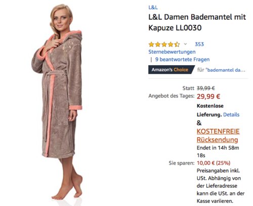 L&L LL0030 Damen Bademantel mit Kapuze, versch. Farben und Größen L&L LL0030 Damen Bademantel mit Kapuze, versch. Farben und Größen