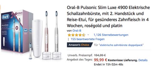 Oral-B Pulsonic Slim Luxe 4900 Elektrische Schallzahnbürste mit 2. Handstück und Reise-Etui, roségold und platin Oral-B Pulsonic Slim Luxe 4900 Elektrische Schallzahnbürste mit 2. Handstück und Reise-Etui, roségold und platin