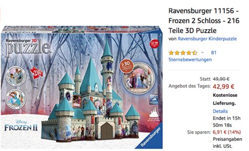 Ravensburger 11156 - Frozen 2 Schloss 3D Puzzle, 216 Teile Ravensburger 11156 - Frozen 2 Schloss 3D Puzzle, 216 Teile