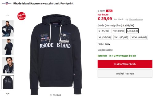 Rhode Island Herren Kapuzensweatshirt mit Frontprint, navy (S-XXXL) Rhode Island Herren Kapuzensweatshirt mit Frontprint, navy (S-XXXL)