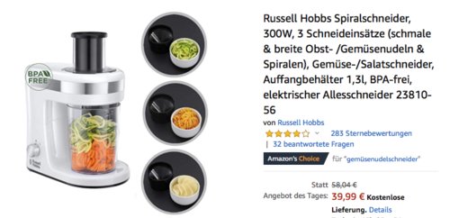Russell Hobbs 23810-56 Spiralschneider (Gemüse-/Salatschneider) mit 3 Schneideinsätzen Russell Hobbs 23810-56 Spiralschneider (Gemüse-/Salatschneider) mit 3 Schneideinsätzen