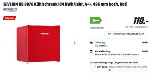 SEVERIN KB 8876 Minibar (A++, 46 Liter, 496 mm hoch) , rot SEVERIN KB 8876 Minibar (A++, 46 Liter, 496 mm hoch) , rot