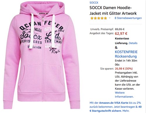 SOCCX Damen Hoodie-Jacket mit Glitter Artwork, versch. Farben und Größen SOCCX Damen Hoodie-Jacket mit Glitter Artwork, versch. Farben und Größen