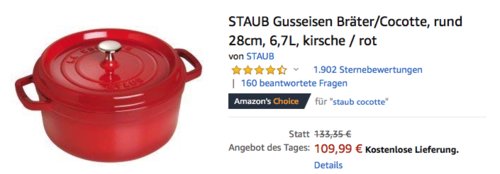 STAUB 6,7L Gusseisen Bräter/Cocotte 28cm, kirschrot STAUB 6,7L Gusseisen Bräter/Cocotte 28cm, kirschrot