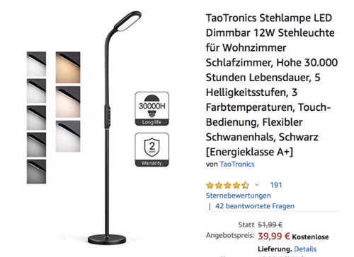 TaoTronics TT-DL046 12W LED-Stehlampe, schwarz - jetzt 23% billiger