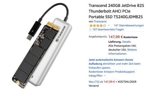 Transcend 240GB JetDrive 825 Thunderbolt, SSD-Festplatte für Mac (TS240GJDM825) Transcend 240GB JetDrive 825 Thunderbolt, SSD-Festplatte für Mac (TS240GJDM825)