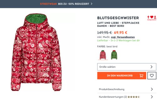 Blutsgeschwister Damen Steppjacke "Luft und Liebe", rot (best bird) XS-XL Blutsgeschwister Damen Steppjacke "Luft und Liebe", rot (best bird) XS-XL