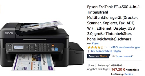 Epson EcoTank ET-4500 4-in-1 Tintenstrahl Multifunktionsgerät Epson EcoTank ET-4500 4-in-1 Tintenstrahl Multifunktionsgerät