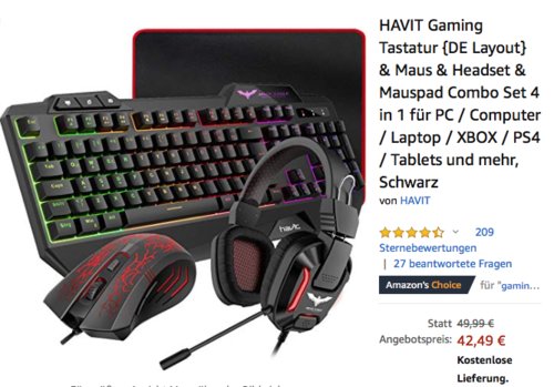 HAVIT 4 in 1 Gaming Combo Set HV-KB392L DE (Tastatur, Maus, Headset, Mauspad) HAVIT 4 in 1 Gaming Combo Set HV-KB392L DE (Tastatur, Maus, Headset, Mauspad)