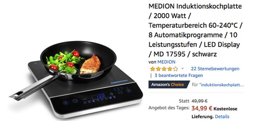 MEDION MD 17595 Induktionskochplatte Einzelkochplatte, 2000 Watt MEDION MD 17595 Induktionskochplatte Einzelkochplatte, 2000 Watt