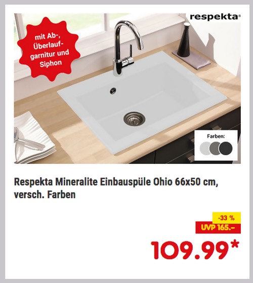 Respekta Mineralite Einbauspüle "Ohio" 66x50 cm (weiß, schwarz oder betongrau) Respekta Mineralite Einbauspüle "Ohio" 66x50 cm (weiß, schwarz oder betongrau)
