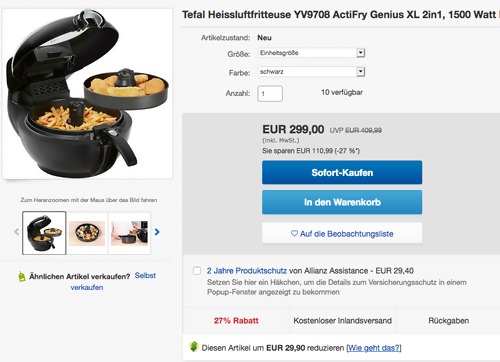 Tefal YV9708 ActiFry Genius XL 2in1 Heissluftfritteuse, schwarz Tefal YV9708 ActiFry Genius XL 2in1 Heissluftfritteuse, schwarz