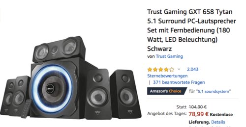 Trust Gaming GXT 658 Tytan 5.1 Surround PC-Lautsprecher Set mit LED-Beleuchtung, 180 Watt Spitzenleistung Trust Gaming GXT 658 Tytan 5.1 Surround PC-Lautsprecher Set mit LED-Beleuchtung, 180 Watt Spitzenleistung
