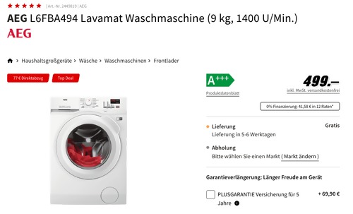 AEG L6FBA494 Lavamat Waschmaschine (9 kg, 1400 U/Min.) AEG L6FBA494 Lavamat Waschmaschine (9 kg, 1400 U/Min.)