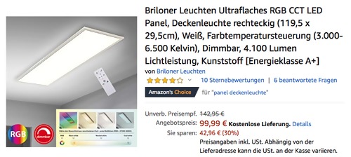 Briloner Leuchten RGB CCT LED-Panel, 119,5 x 29,5cm (dimmbar, 4100 Lumen, Fernbedienung) Briloner Leuchten RGB CCT LED-Panel, 119,5 x 29,5cm (dimmbar, 4100 Lumen, Fernbedienung)