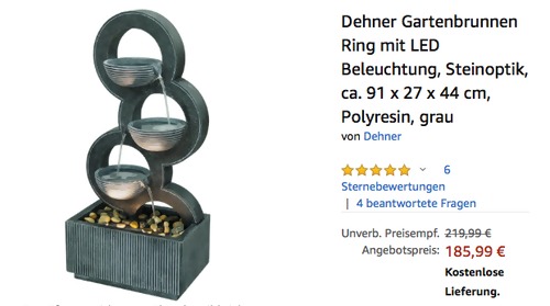 Dehner Gartenbrunnen Ring mit LED Beleuchtung, grau (Steinoptik, ca. 91 x 27 x 44 cm) Dehner Gartenbrunnen Ring mit LED Beleuchtung, grau (Steinoptik, ca. 91 x 27 x 44 cm)