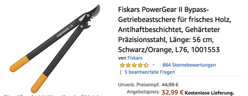 Fiskars PowerGear II L76 Bypass-Getriebeastschere für frisches Holz Fiskars PowerGear II L76 Bypass-Getriebeastschere für frisches Holz