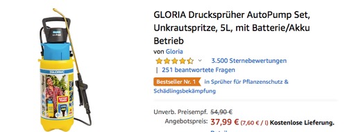 GLORIA Drucksprüher AutoPump Set, kabellose Elektropumpe mit 5-L-Drucksprühgerät GLORIA Drucksprüher AutoPump Set, kabellose Elektropumpe mit 5-L-Drucksprühgerät