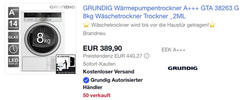 GRUNDIG 8kg Wärmepumpentrockner GTA 38263 G, A+++ GRUNDIG 8kg Wärmepumpentrockner GTA 38263 G, A+++