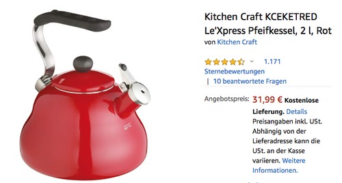 Kitchen Craft Le'Xpress 2 Liter Pfeifkessel, rot - jetzt 26% billiger