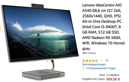 Lenovo IdeaCentre AIO A540 27 Zoll All-in-One Desktop-PC (Intel Core i5-9400T, 8 GB RAM, 512 GB SSD, AMD Radeon RX 560X, Wifi, Windows 10 Home) Lenovo IdeaCentre AIO A540 27 Zoll All-in-One Desktop-PC (Intel Core i5-9400T, 8 GB RAM, 512 GB SSD, AMD Radeon RX 560X, Wifi, Windows 10 Home)