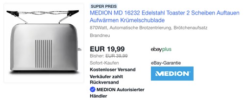 Medion MD 16232 Edelstahl-Toaster 2 Scheiben Medion MD 16232 Edelstahl-Toaster 2 Scheiben