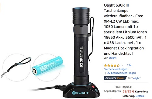 Olight S30R III LED-Taschenlampe (max. 1050 Lumen, 188 m Leuchtweite, IPX8) - jetzt 25% billiger