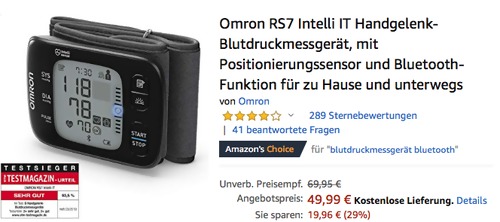 Omron RS7 Intelli IT Handgelenk-Blutdruckmessgerät mit Positionierungssensor und Bluetooth-Funktion - jetzt 10% billiger