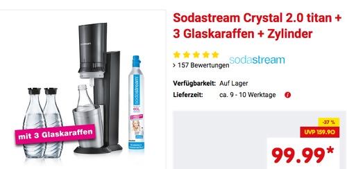 SodaStream Crystal 2.0 Wassersprudler Titan inkl. 3 Glaskaraffen und 1 x 60 l-Zylinder - jetzt 8% billiger