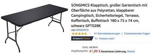SONGMICS GPT02BK Klapptisch 180 x 75 x 74 cm, schwarz SONGMICS GPT02BK Klapptisch 180 x 75 x 74 cm, schwarz