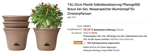 T4U 25cm Selbstbewässerung Pflanzgefäß 4er-Set, braun T4U 25cm Selbstbewässerung Pflanzgefäß 4er-Set, braun
