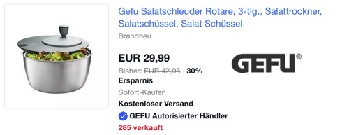 Gefu 3 Liter Salatschleuder "Rotare", 3-tlg. (Edelstahlschüssel, Siebeinsatz, Deckel) - jetzt 11% billiger