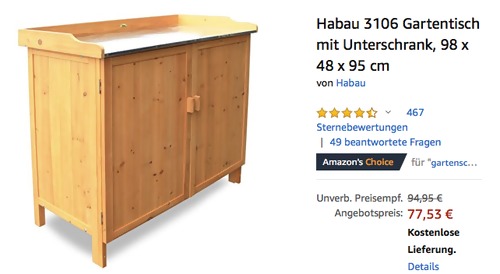 Habau 3106 Gartentisch mit Unterschrank, 98 x 48 x 95 cm Habau 3106 Gartentisch mit Unterschrank, 98 x 48 x 95 cm