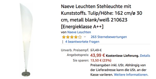 Naeve 210623 Tulip Stehleuchte, 162 cm/ø 30 cm Naeve 210623 Tulip Stehleuchte, 162 cm/ø 30 cm