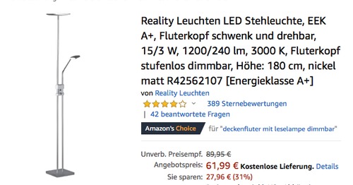 Reality Leuchten R42562107 LED-Stehleuchte, 180 cm hoch (15/3 W, 1200/240 lm, 3000 K) - jetzt 22% billiger Reality Leuchten R42562107 LED-Stehleuchte, 180 cm hoch (15/3 W, 1200/240 lm, 3000 K) - jetzt 22% billiger