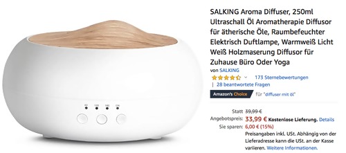 SALKING Aroma Diffuser, 250ml elektrische Duftlampe mit Warmweiß Licht SALKING Aroma Diffuser, 250ml elektrische Duftlampe mit Warmweiß Licht