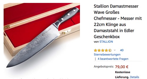 Stallion Damastmesser "Wave", Großes Chefmesser mit 22cm Klinge - jetzt 11% billiger Stallion Damastmesser "Wave", Großes Chefmesser mit 22cm Klinge - jetzt 11% billiger