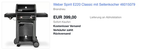 Weber Spirit E-220 Classic Gasgrill mit Seitenkocher (7.77 + 3.52 kW) - jetzt 20% billiger