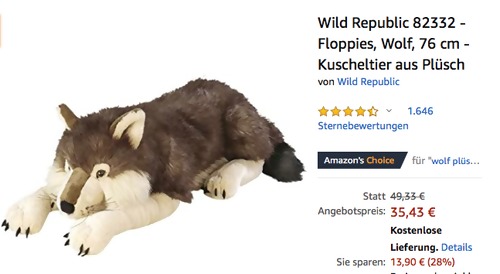 Wild Republic 82332 - Wolf Kuscheltier, 76 cm Wild Republic 82332 - Wolf Kuscheltier, 76 cm