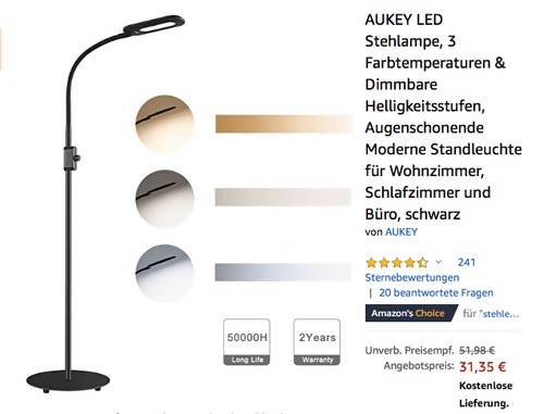 AUKEY LT-ST34-EU 8 Watt LED-Stehlampe mit 3 Farbtemperaturen und 20 Helligkeitsstufen, schwarz - jetzt 26% billiger