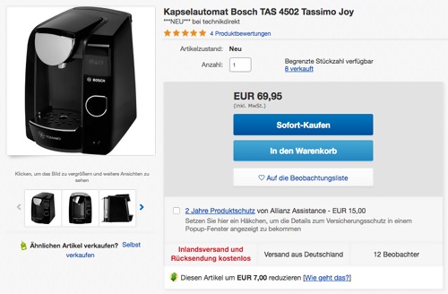 Bosch TAS 4502 Kapselautomat "Tassimo Joy" (Brita Wasserfilter, Getränkevielfalt) - jetzt 10% billiger