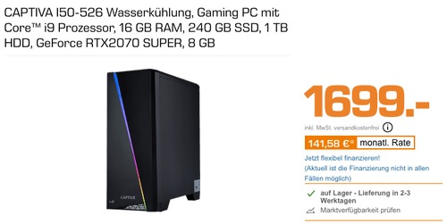 CAPTIVA I50-526 Gaming PC mit Wasserkühlung (i9 Prozessor, 16 GB RAM, 240 GB SSD, 1 TB HDD, GeForce RTX2070 SUPER 8 GB, Windows 10) CAPTIVA I50-526 Gaming PC mit Wasserkühlung (i9 Prozessor, 16 GB RAM, 240 GB SSD, 1 TB HDD, GeForce RTX2070 SUPER 8 GB, Windows 10)