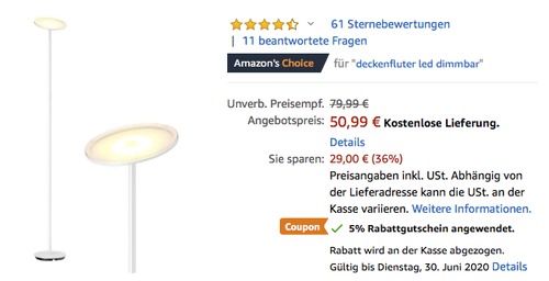 Gladle GL-LT009 30 Watt LED Deckenfluter (1,8m hoch, 2200 Lumen, 3000K,) - jetzt 19% billiger Gladle GL-LT009 30 Watt LED Deckenfluter (1,8m hoch, 2200 Lumen, 3000K,) - jetzt 19% billiger