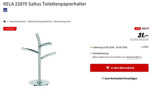 KELA 22870 Saltus Toilettenpapierhalter aus Metall, 49 cm hoch, KELA 22870 Saltus Toilettenpapierhalter aus Metall, 49 cm hoch,