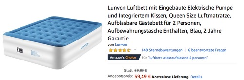 Lunvon Luftbett für 2 Personen, 203 x 157 x 47 cm (eingebaute Elektrische Pumpe, integriertes Kissen) - jetzt 15% billiger